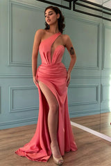 Long Mermaid One Shoulder Satin High Split Formal Prom Dresses