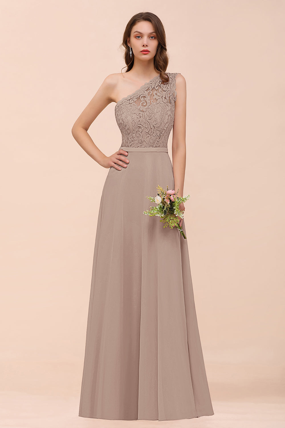 Classy One Shoulder Appliques Lace Floor Length A-Line Chiffon Bridesmaid Dress