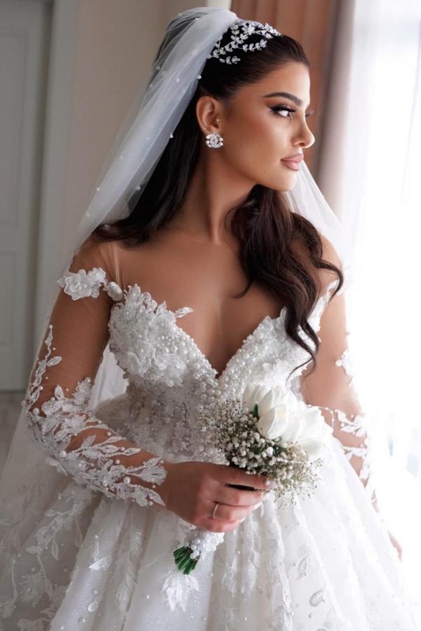 A Line V Neck Appliques Lace Long Sleeves Floor Length Wedding Dress with Beads