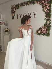 Elegant Long A-Line Chiffon Appliques Lace Ruffles Wedding Dress With Side Slit