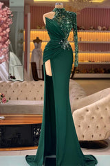 Dark Green Long Halter Mermaid Satin Beaded Prom Dress with Side Split