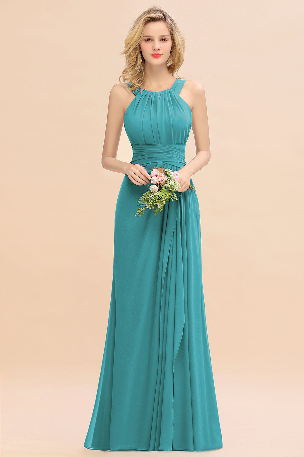Long A-line Halter Chiffon Backless Floor Length Bridesmaid Dresses