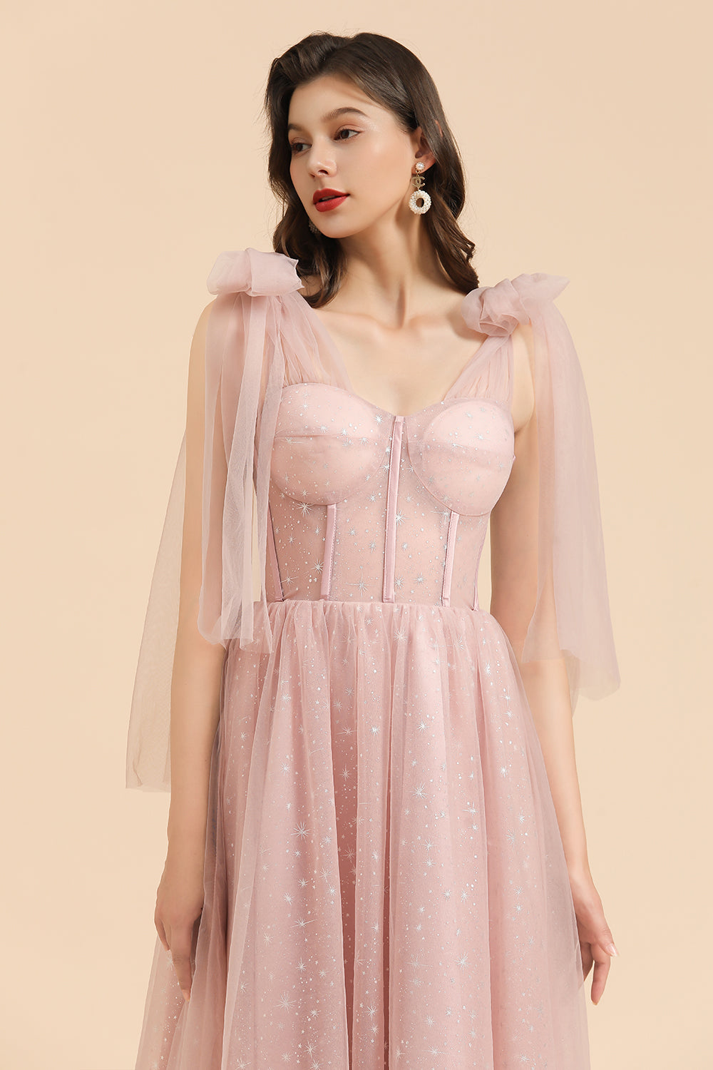 BM2007 A-line Pink Off The Shoulder Bow Tulle Floor Length Bridesmaid Dress