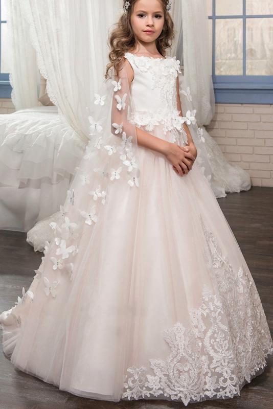 Long Tulle Lace Scoop Neck Sleeveless Ball Gown Flower Girl Dress