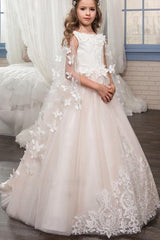Long Tulle Lace Scoop Neck Sleeveless Ball Gown Flower Girl Dress