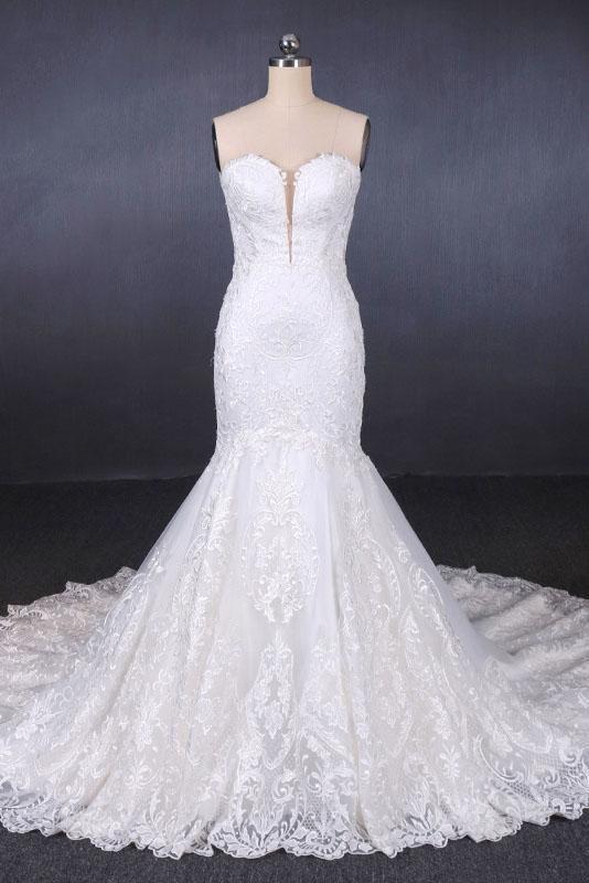Sweetheart Long Strapless Mermaid Lace Wedding Dress
