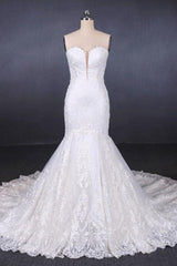 Sweetheart Long Strapless Mermaid Lace Wedding Dress