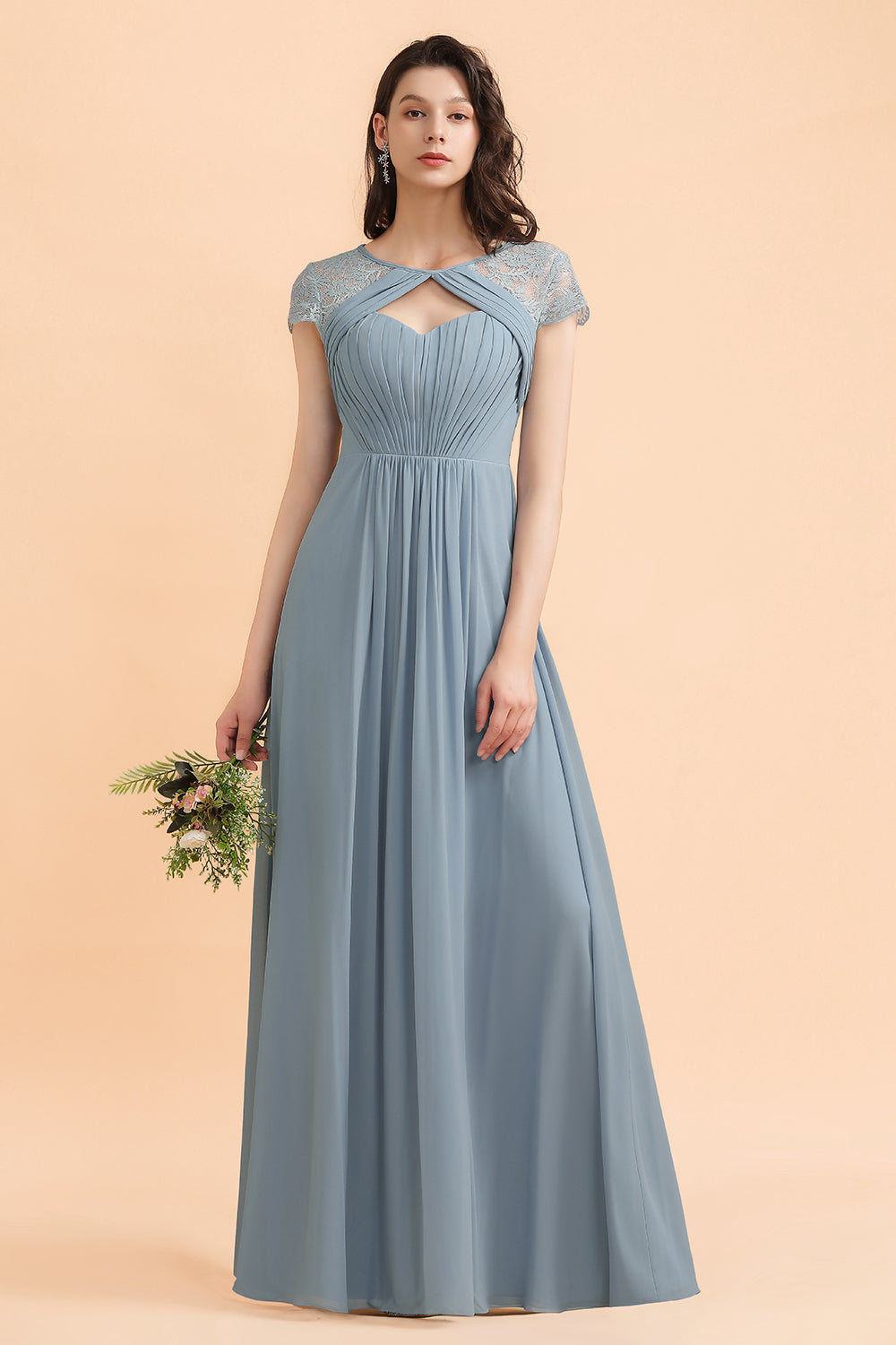 Cap Sleeves Chiffon A-Line Bridesmaid Dress Floor Length Ruffles Evening Dresses
