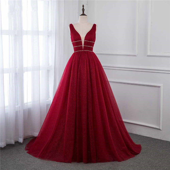 Long A-Line V-neck Wide Straps Sequins Beading Floor Length Prom Dress
