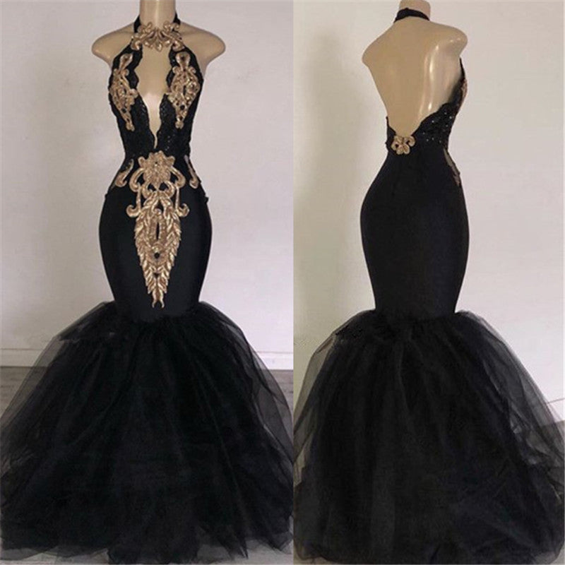 Black Long Mermaid Halter Satin Tulle Open Back Prom Dress