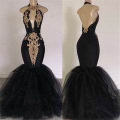 Black Long Mermaid Halter Satin Tulle Open Back Prom Dress