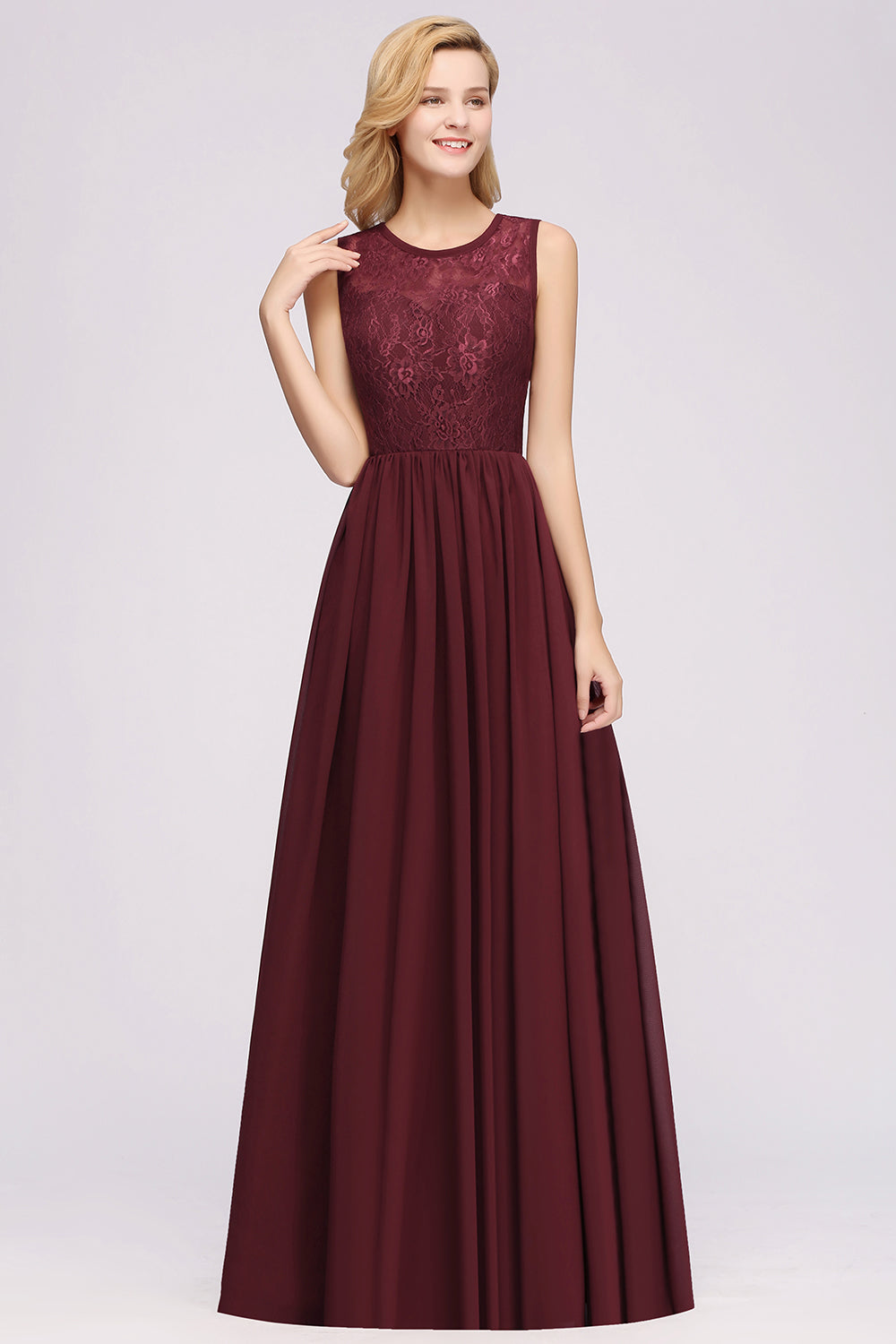 A-line Chiffon Lace Jewel Sleeveless Ruffles Floor Length Bridesmaid Dresses with Appliques