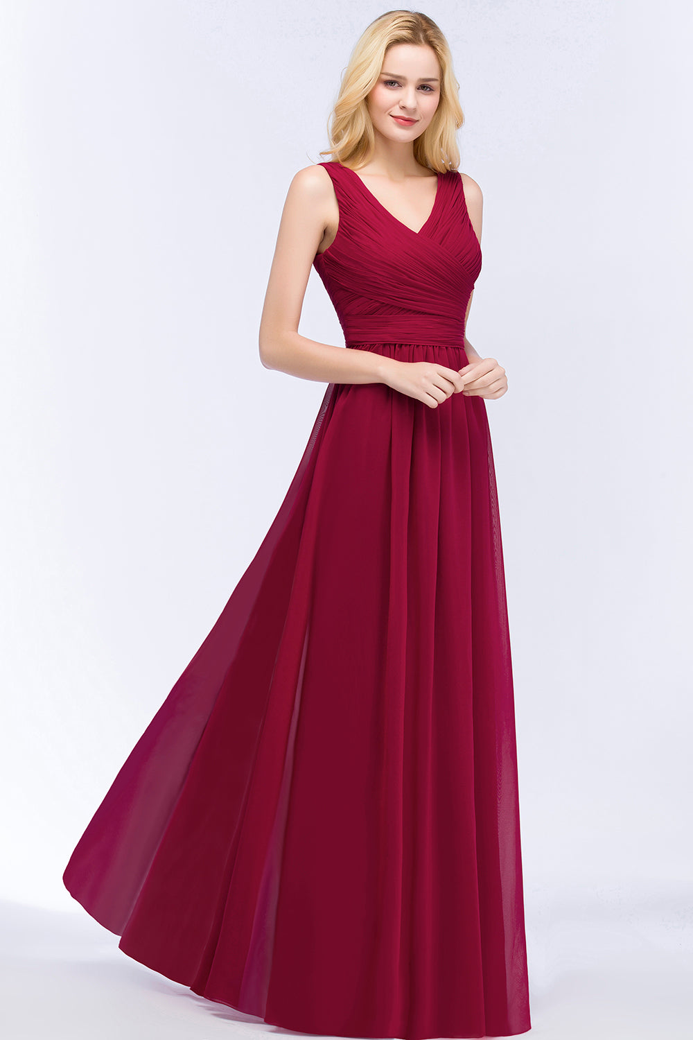 A-line Chiffon V-Neck Sleeveless Ruffles Floor Length Bridesmaid Dress