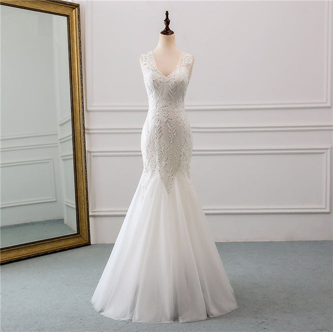 Gorgeous Long Mermaid V-neck Tulle Wedding Dress with Beadings
