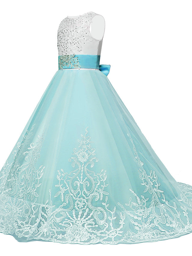 Long A-line Tulle Lace Sleeveless Jewel Neck Pageant Flower Girl Dresses