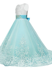 Long A-line Tulle Lace Sleeveless Jewel Neck Pageant Flower Girl Dresses