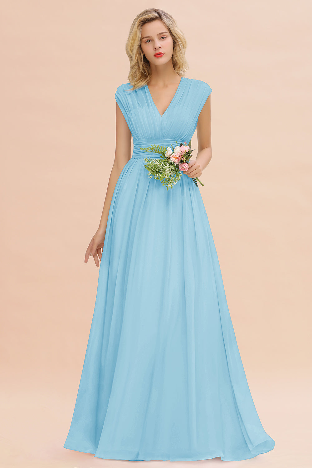 Chiffon V-Neck Sleeveless Elegant A-line Ruffles Bridesmaid Dress