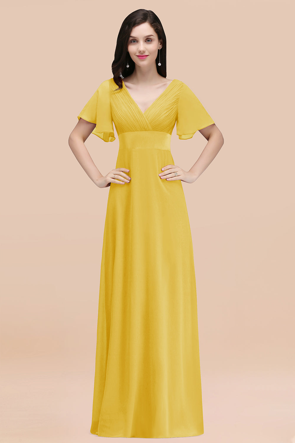 Simple A-Line Chiffon V-Neck Short Sleeves Ruffles Floor Length Bridesmaid Dresses