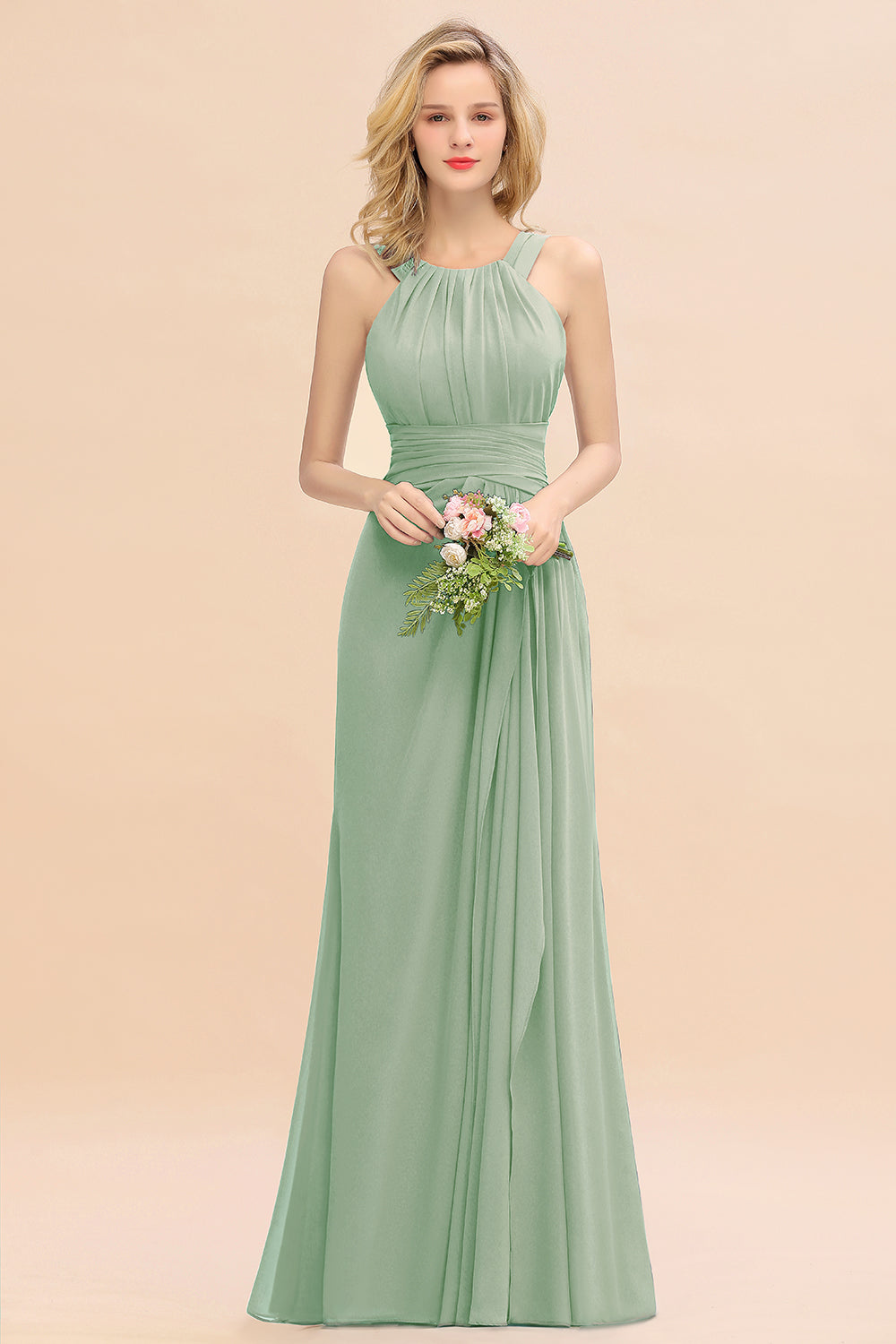 Long A-line Halter Chiffon Backless Floor Length Bridesmaid Dresses