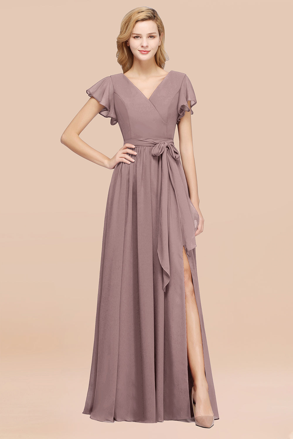 A-line Chiffon V-Neck Short Sleeves Floor Length Bridesmaid Dresses with Bow Sash