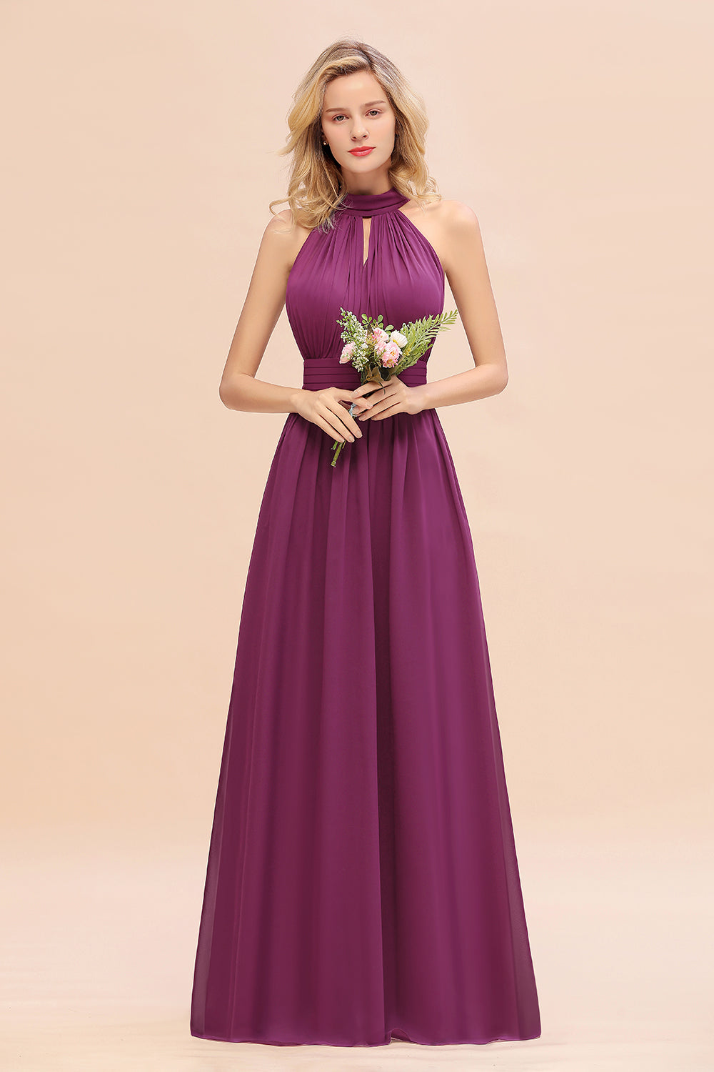 Dusty Sage Long High Neck Chiffon Bridesmaid Dresses with Ruffle