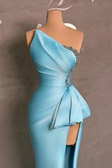 Long One Shoulder Satin Mermaid Prom Dress with Split Front