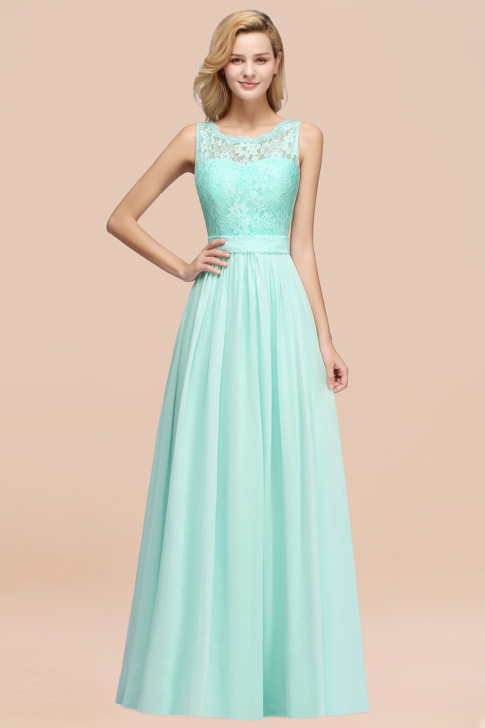 Chiffon A-Line Lace Scalloped Sleeveless Long Ruffles Bridesmaid Dress