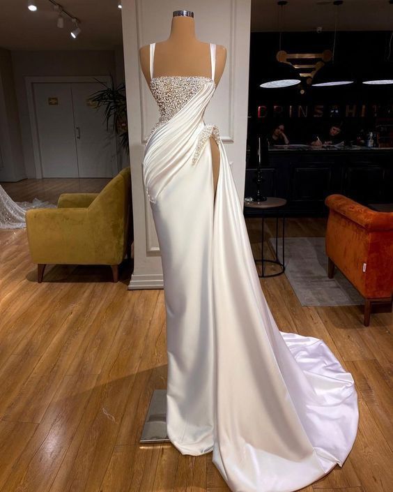 Mermaid Long Spaghetti Straps Beaded Satin Prom Dress with Slit