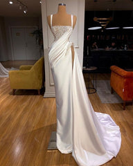 Mermaid Long Spaghetti Straps Beaded Satin Prom Dress with Slit
