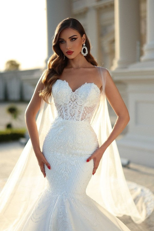 Elegant White Mermaid Sweetheart Tulle Lace Long Wedding Dresses