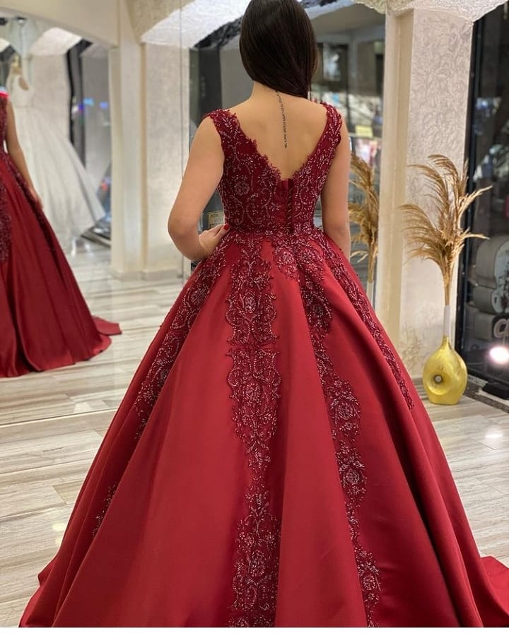 Gorgeous Long Burgundy V-neck Backless A-Line Appliques Beading Satin Ruffles Train Wedding Dress