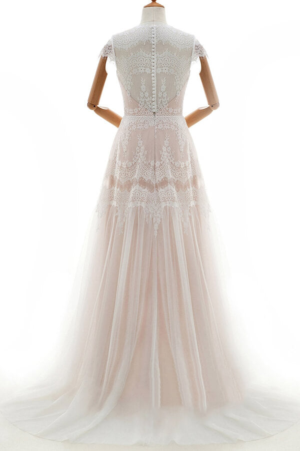Long Tulle Sleek Cap Sleeves Lace A-line Wedding Dress