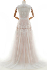 Long Tulle Sleek Cap Sleeves Lace A-line Wedding Dress
