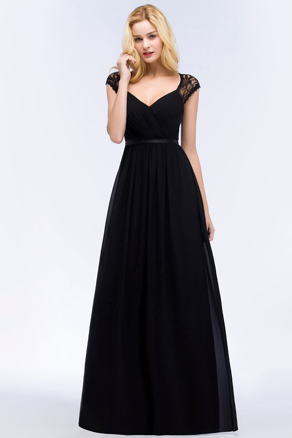 Elegant Mermaid Lace V-Neck Sleeveless Floor Length Bridesmaid Dresses with Sash