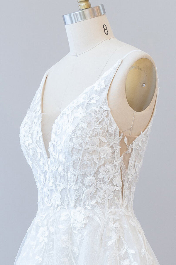 Long V-neck Open Back Appliques Lace Tulle A-line Wedding Dress