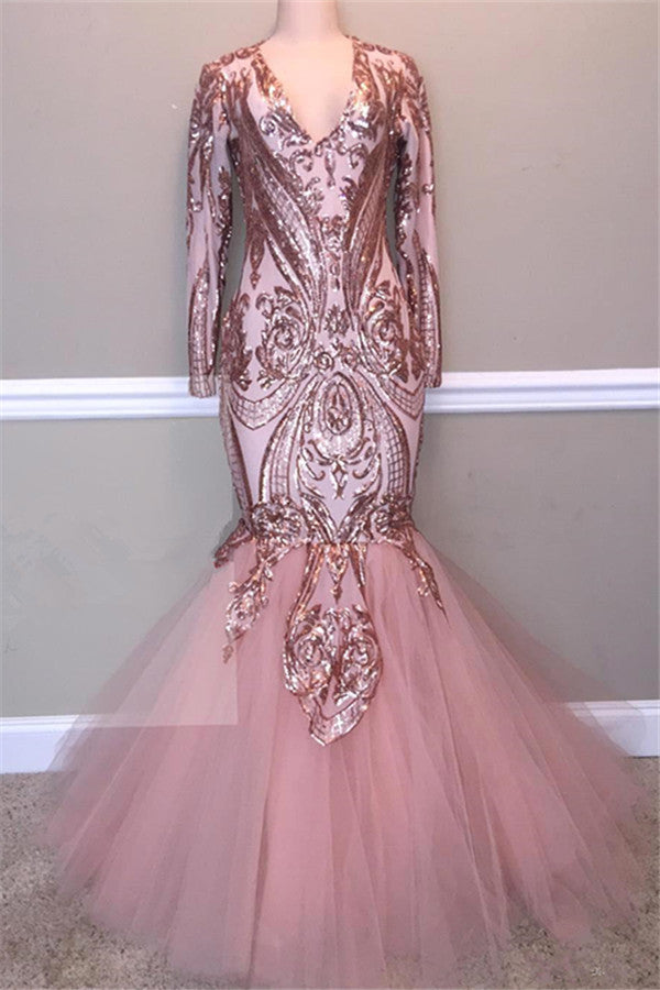 Long V-neck Sequins Mermaid Prom Dress with Sleeves