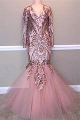 Long V-neck Sequins Mermaid Prom Dress with Sleeves