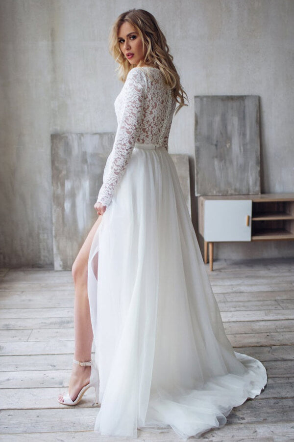 Long A-line Lace Chiffon Two Piece Wedding Dress with Sleeves