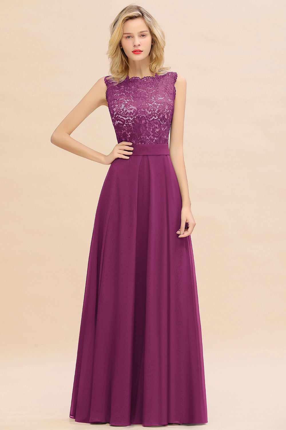 Long A-line Chiffon Lace Sleeveless Bridesmaid Dresses