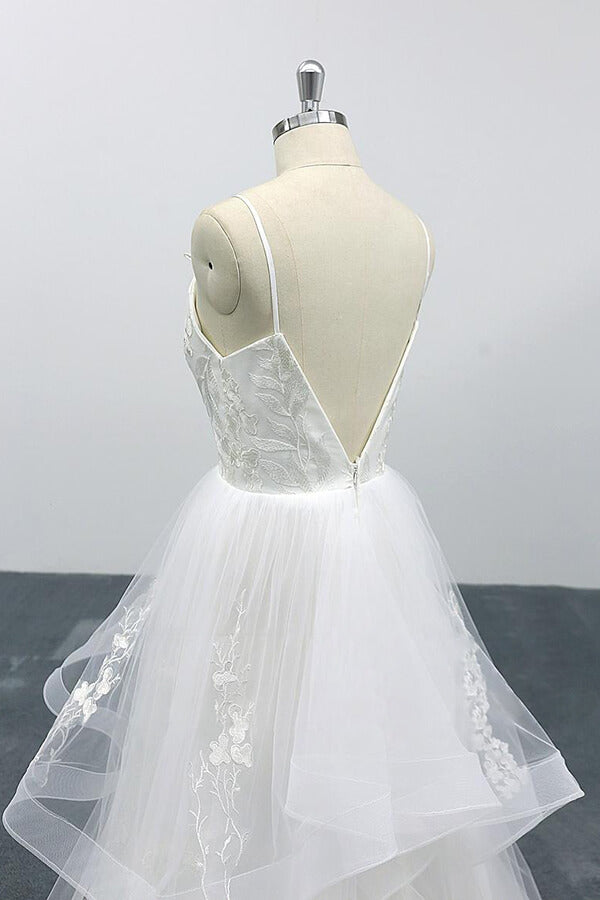 Long A-line Sweetheart Appliques Spaghetti Strap Tulle Backless Wedding Dress