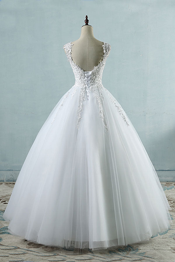 Long Lace-up Appliques Tulle A-line Wedding Dress