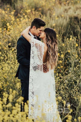 Ivory Boho Long Mermaid Lace Backless Wedding Dress with Batwing Sleeve