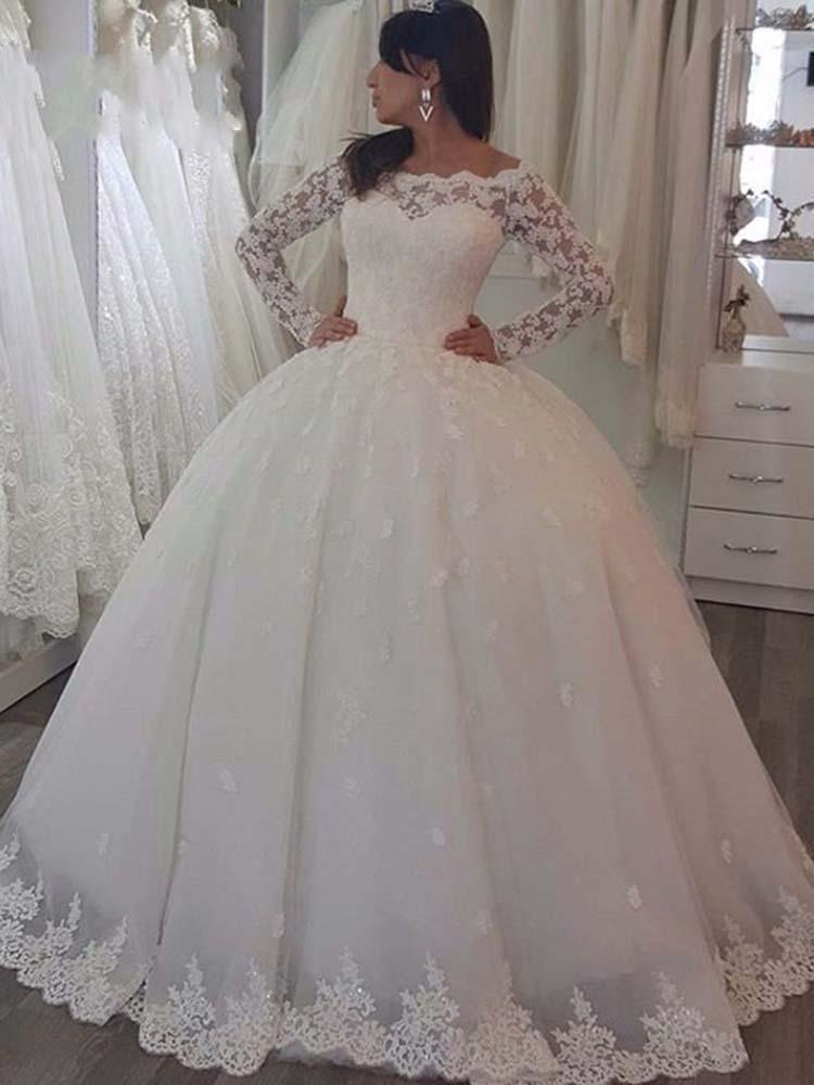 Elegant Long Ball Gown Bateau Lace Tulle Wedding Dresses with Sleeves