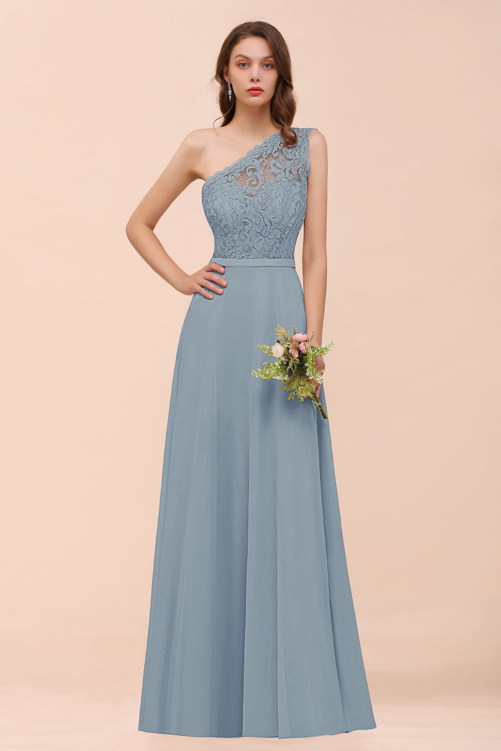 Classy One Shoulder Appliques Lace Floor Length A-Line Chiffon Bridesmaid Dress