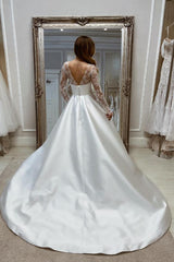 Long Sleeves A-line Sweetheart Satin Lace Front Slit Wedding Dresses with Pockets