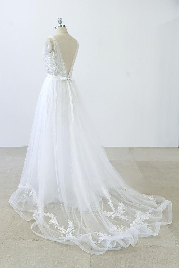 Long White V-neck Ruffle Applqiues Tulle A-line Wedding Dress