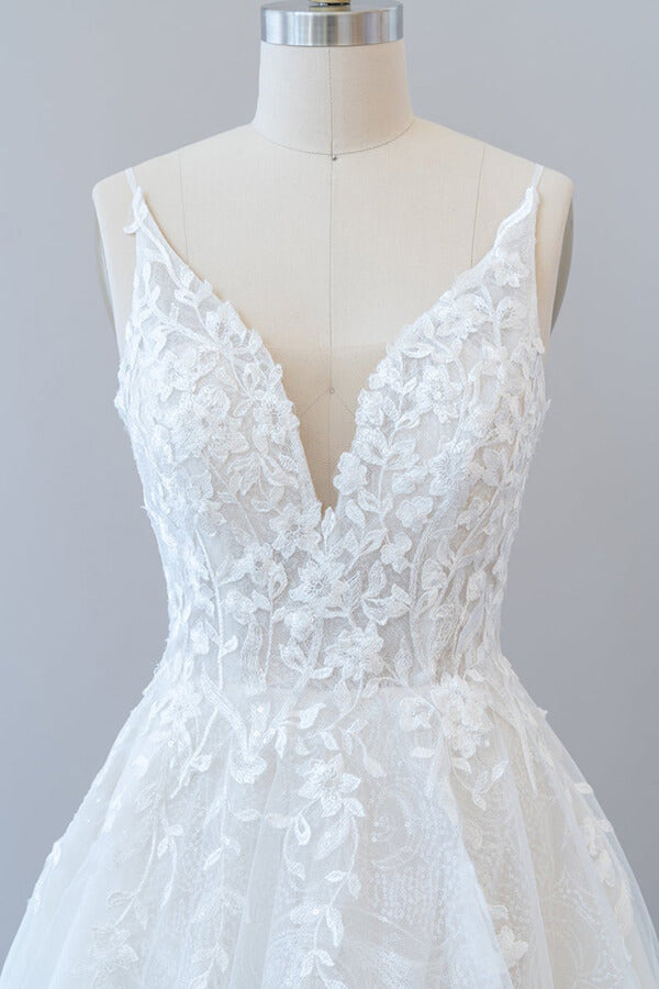 Long V-neck Open Back Appliques Lace Tulle A-line Wedding Dress