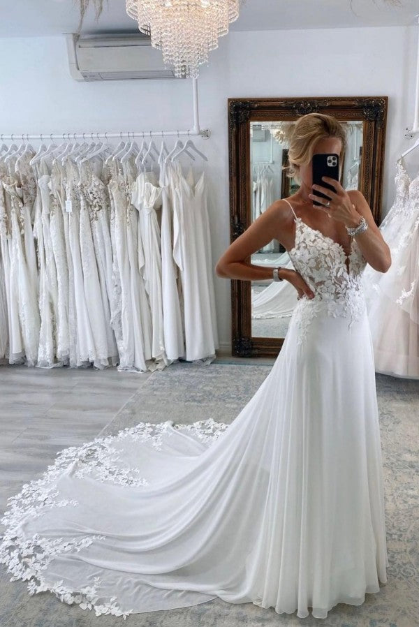 Simple Long A-line V-neck Chiffon Lace Backless Wedding Dresses