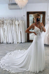 Simple Long A-line V-neck Chiffon Lace Backless Wedding Dresses