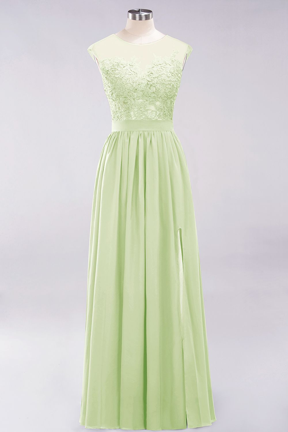 A-line Chiffon Lace Jewel Sleeveless Floor Length Bridesmaid Dresses with Appliques